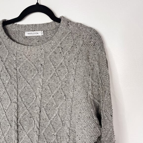 Misslook Womens XLarge Gray Marled Cableknit Crew Neck Pullover Sweater Cotton - Picture 3 of 8